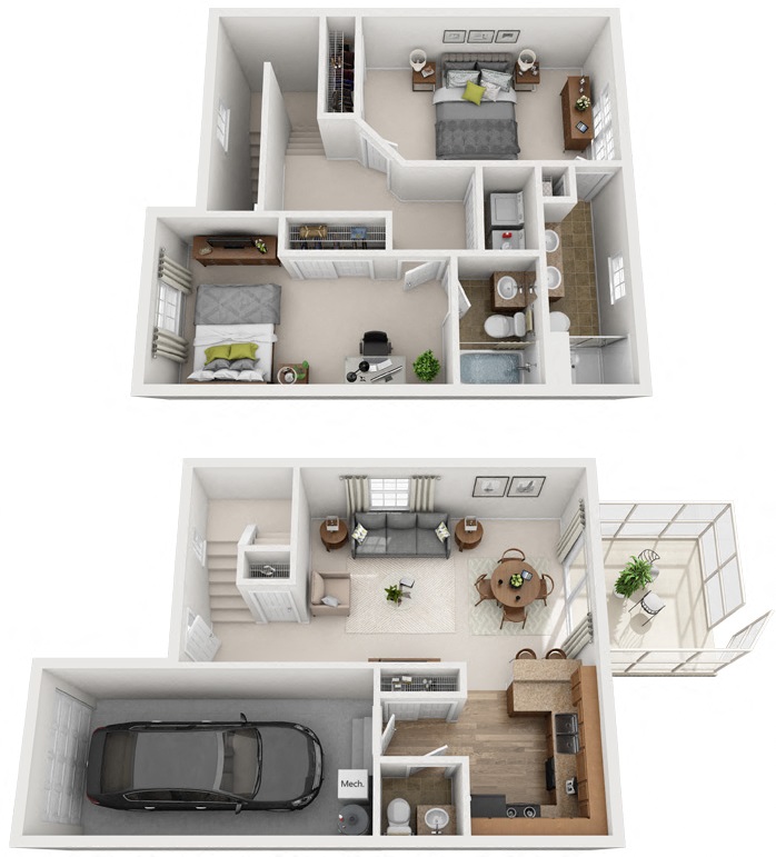 Floor plan for 2 beds, 2.5 baths, 1100 sqft
